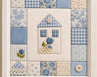 Kinusaiga Rose Cottage Pattern No-Sew Fabric Mosaic Template Cottagecore Fabric Inlay Wall Art Upcycled Textile Craft PNG Digital Printable