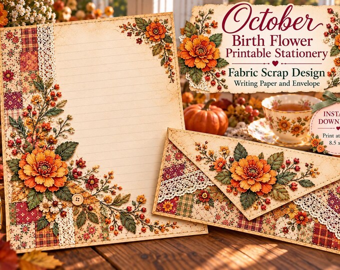 October Birth Flower Printable Stationery Fabric Scrap Design Keeping in Touch Gift Vintage Writing Paper and Envelope Digital Download PDF