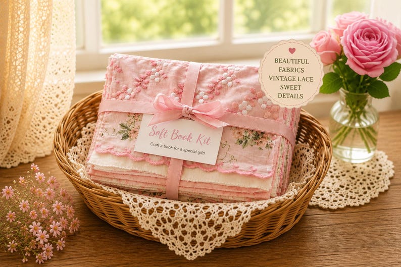 May include: A stack of pink and white fabric pieces tied with a pink ribbon in a wicker basket. A tag reads Soft Book Kit, Craft a book for a special gift. A circular label reads BEAUTIFUL FABRICS, VINTAGE LACE, SWEET DETAILS.