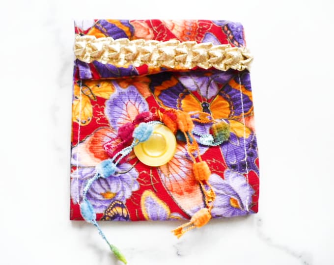 Bohemian Butterfly Travel Case Purple and Red Fabric Pouch Slow Stitching Supplies and Junk Journal Ephemera Holder