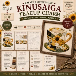 May include: A Kinusaiga teacup charm no-sew fabric mosaic pattern printable PDF guide. The image displays a finished 5 inch by 5 inch fabric mosaic of a sunflower teacup, a supplies list, step-by-step instructions, and beginner tips.