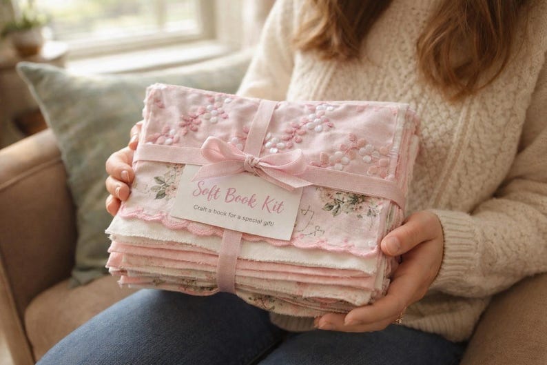 May include: A stack of fabric pages for a soft book kit, tied with a pink ribbon. The top page features pink floral embroidery and scalloped edges. A white tag attached to the ribbon reads Soft Book Kit, Craft a book for a special gift.