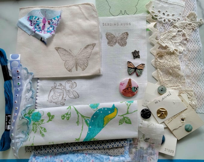 Butterfly Stitch Kit Textile Art Supply Collection Vintage Buttons Craft Supplies Embroidery Project Junk Journal Embellishment Ideas