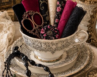 Victorian Academia Gathering Creative Retreat Kit | Jane Austen Emma Book, Deluxe Slow Stitch Sewing Kit Vintage Teacup Literary Keepsakes