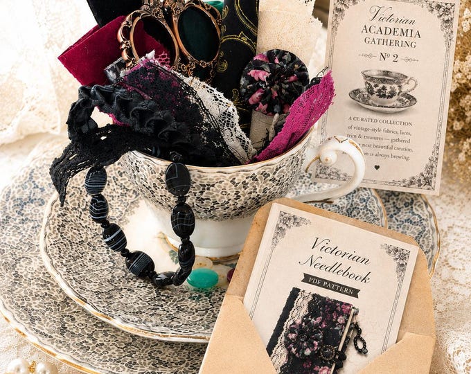 Victorian Academia Slow Stitch Kit with Vintage Teacup, Needle Book Pattern, Fabric Art Gift for Women, Cottagecore Sewing Kit