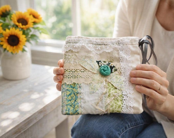 Green Slow Stitch Kit: Vintage Fabric, Lace & Buttons - Drawstring Bag