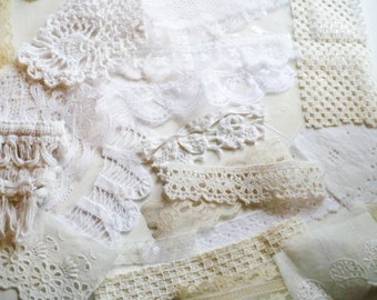 Vintage Neutrals Lace Collage Kit, 20 Pieces Textile Snippets, Slow Stitch Kit, Junk Journal Embellishments, Fabric Clusters