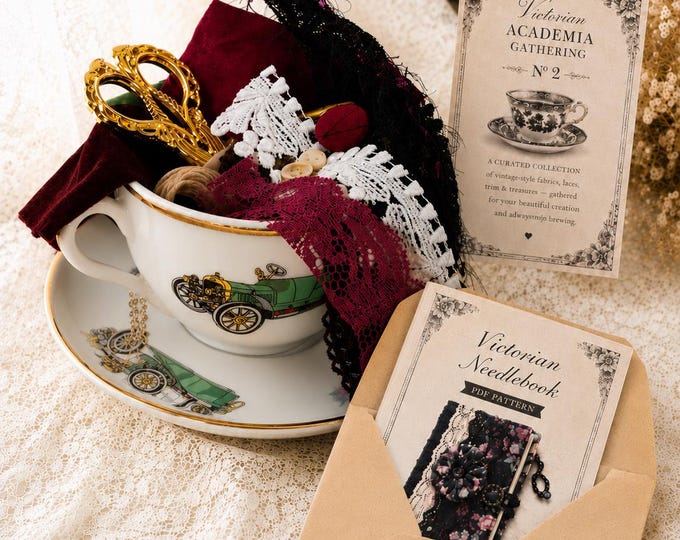 The Traveler's Gathering Deluxe Tea Party Sewing Kit | Vintage Car Teacup Slow Stitch Gift Box for Women