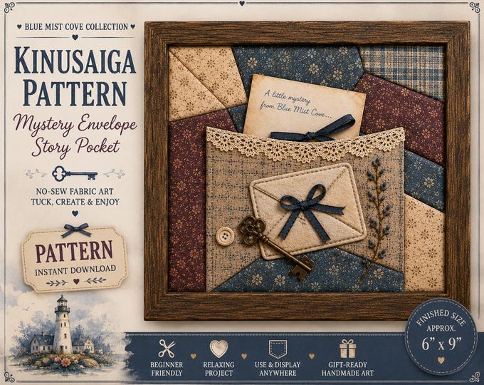 Blue Mist Cove Kinusaiga Pattern, No Sew Fabric Art, Mystery Envelope Pocket, Patchwork Scrap Fabric Craft PDF, Cozy Mystery Decor