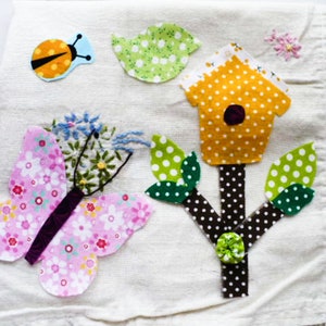 Spring Garden Slow Stitch Applique Sampler Kit, Butterfly, Bird and Birdhouse Pattern With Foundation Fabric and Floss Gift For Mom.