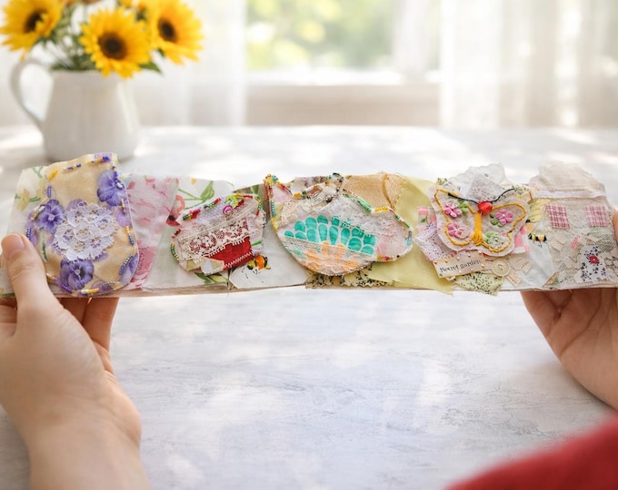 Slow Stitch Kit Snippet Roll Fabric Collection Vintage Embellishment Handmade Applique Quilting Gifts Craft Project Mason Jar Butterfly