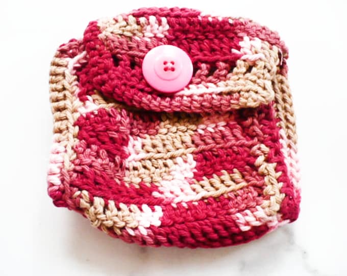 Pink, Red and Tan Crochet Travel  Pouch, Slow Stitching Supplies and Junk Journal Ephemera Holder