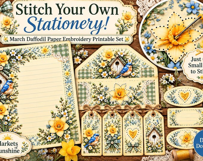 March Birth Flower Paper Embroidery Stationery Set Daffodil Printable Letter Writing Kit Beginner Stitching Pattern Pen Pal Gift PDF Digital