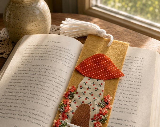 Mushroom Bookmark Slow Stitch Embroidery Kit for Beginners | Cottagecore Sewing Gift for Book Lovers | Fabric Art DIY Craft Kit