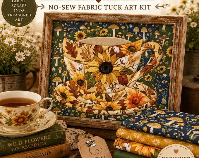 DIY Teacup Kinusaiga Kit - No-Sew Fabric Tuck Art Craft Kit, Cottagecore Woodland Teacup Puzzle, All-in-One Cozy Craft Gift