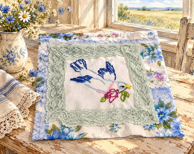 Cozy Prairie Blue Bird Embroidery Kit: Slow Stitch Sampler with Floss & Fabric