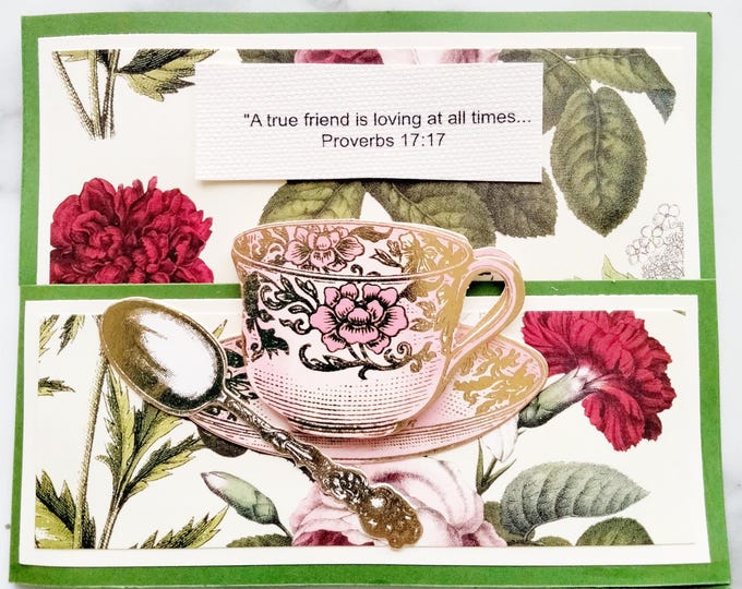 Elegant Tea Time Friend Card Roses Tea Cup Spoon Design for Bridal Shower Mother of the Bride Gift Afternoon Tea Vintage Style Hostess Gift