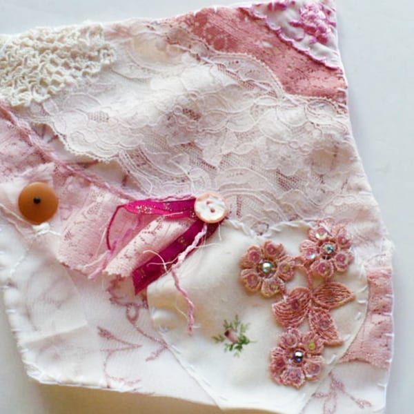 Beginners Slow Stitch Kit,  Vintage Lace Collage, Pink and Cream, Buttons and Pincushion Gift With Purchase.