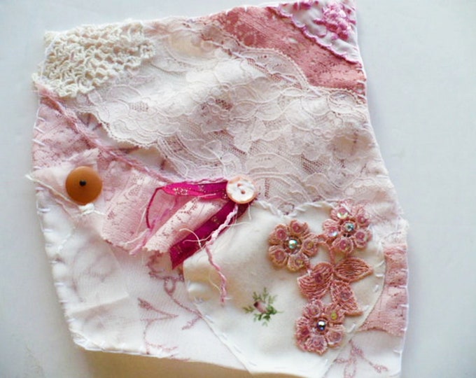 Beginners Slow Stitch Kit  Vintage Lace Collage Pink and Cream Buttons