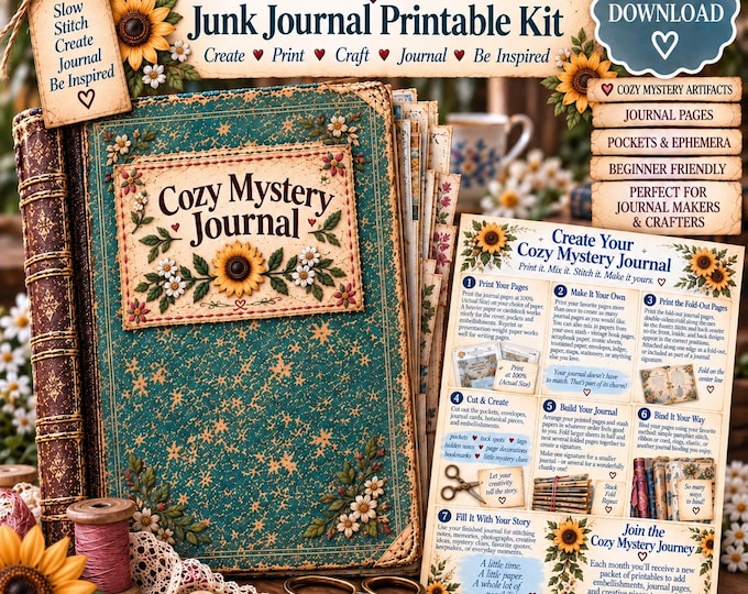 Blue Mist Cove Cozy Mystery Artifacts Junk Journal Kit, Vintage Ephemera Pages, Digital Download, Book Lover Gift, Scrapbooking Supplies