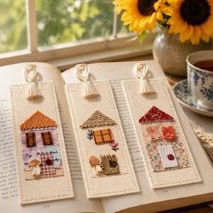 Könnte beinhalten: Drei handgefertigte Stoff-Lesezeichen mit Hausmotiven, jedes mit einem einzigartigen Patchwork-Dach und Details. Die Lesezeichen haben cremefarbene Quasten und liegen auf einem offenen Buch. Eine Tasse Tee und Sonnenblumen sind im Hintergrund.