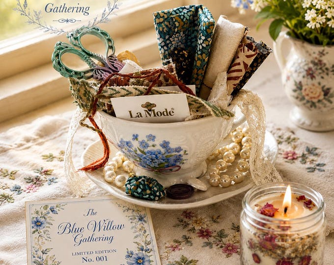 The Blue Willow Gathering Tea Party Sewing Kit | Botanical Bohemian Slow Stitch Gift Box with Vintage Teacup