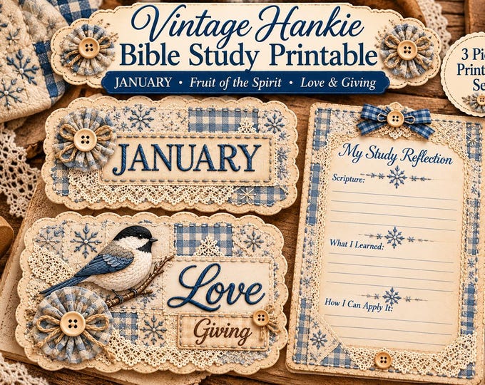 Bible Journaling Printable, Fruit of the Spirit Love, Scripture Reflection Card, Vintage Hankie Ephemera, Christian Gift January Tag
