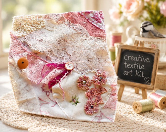 Beginners Slow Stitch Kit  Vintage Lace Collage Pink and Cream Buttons