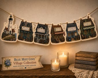 Printable Village Garland Pattern Hand Stitched Paper Houses Cottagecore Decor Bookshop Lighthouse Paper Craft PDF Cozy Mystery Collection