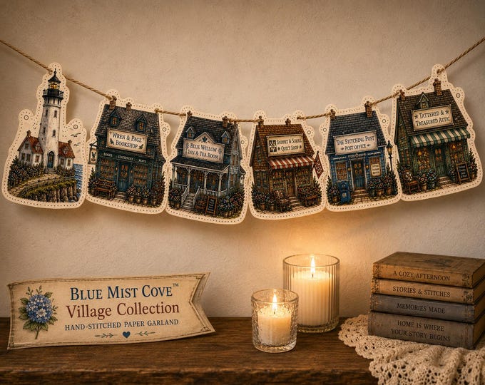 Printable Village Garland Pattern Hand Stitched Paper Houses Cottagecore Decor Bookshop Lighthouse Paper Craft PDF Cozy Mystery Collection