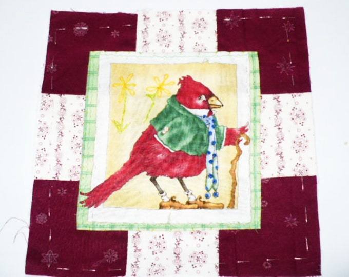 Handmade Cardinal Quilt Block Embellishment Red Bird Embroidery Slow Stitching Wall Hanging Pillow Bowl Filler Gardner Gift For Mom