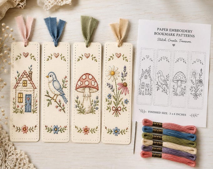 Paper Embroidery Bookmark Pattern PNG Storybook Paper Stitch Companion Tiny House Bluebird Mushroom Wildflower Learn To Stitch On Paper