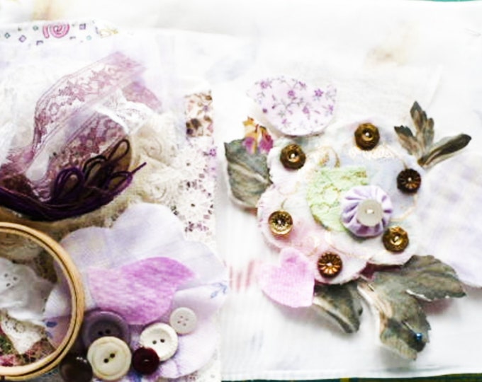 Purple Bird Floral Slow Stitch Kit With 30+ Vintage Items, Pattern Template, Altered Book Box and Applique Embellishment Gift For Women.