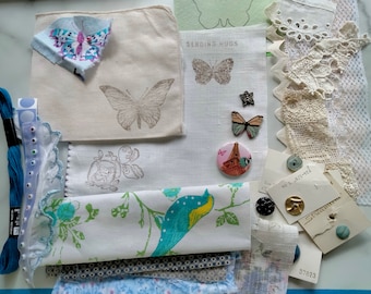 Butterfly Collage Fabric Kit With Easy Applique Pattern, Fabric, Button For Beginners Junk Journals, Quilting, Embroidery, Card Making.