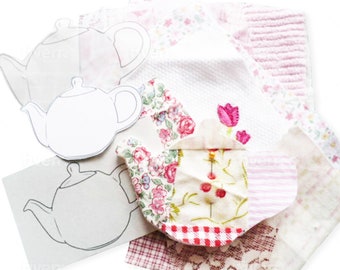 Pink Floral Teapot Slow Stitch Kit: 30 Vintage Fabric Embellishments