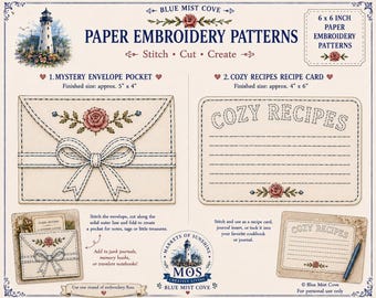 Paper Embroidery Cozy Mystery Stitchers Companion Clue Envelope Pocket Journal Recipe Card Learn to Stitch on Paper Blue Mist Cove