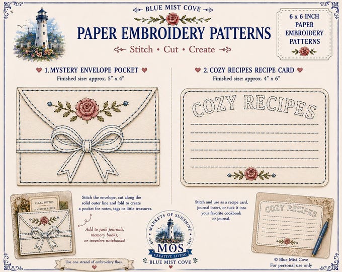Paper Embroidery Cozy Mystery Stitchers Companion Clue Envelope Pocket Journal Recipe Card Learn to Stitch on Paper Blue Mist Cove