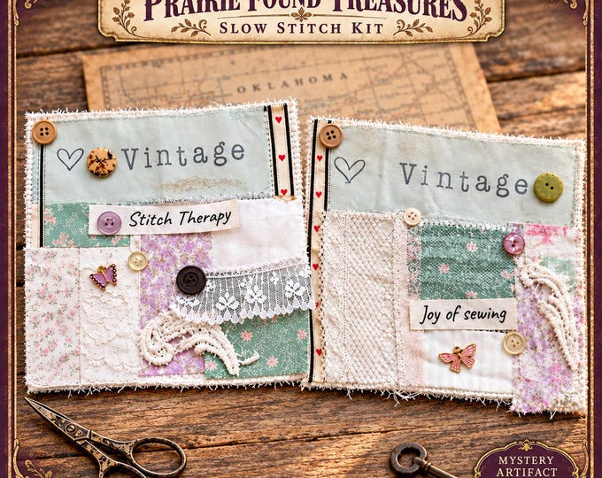 Prairie Found Treasures Slow Stitch Kit, Vintage Fabric Lace Collage, Blue Mist Cove™ Mystery Artifact, Junk Journal Textile Art Gift