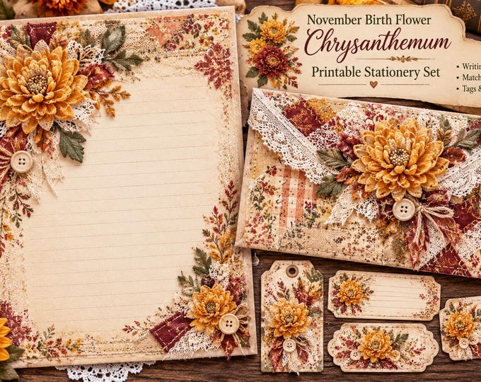 November Birth Flower Printable Stationery Fabric Scrap Design Keeping in Touch Gift Vintage Writing Paper and Envelope Digital Download PDF