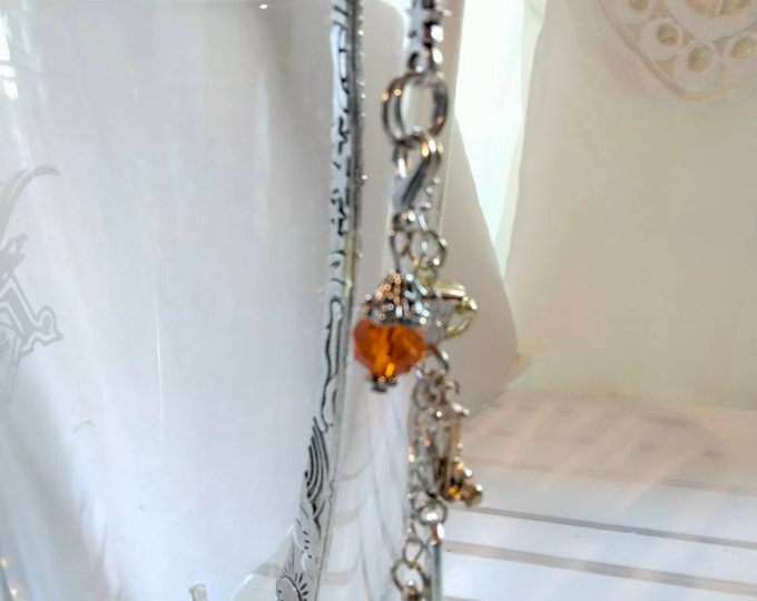 Personalized Metal Bookmark Silver Grace Charm Orange Beads, Teacup, Sun Charm Dangle. Book Lover Planner Charm Page Marker Gift for Women.