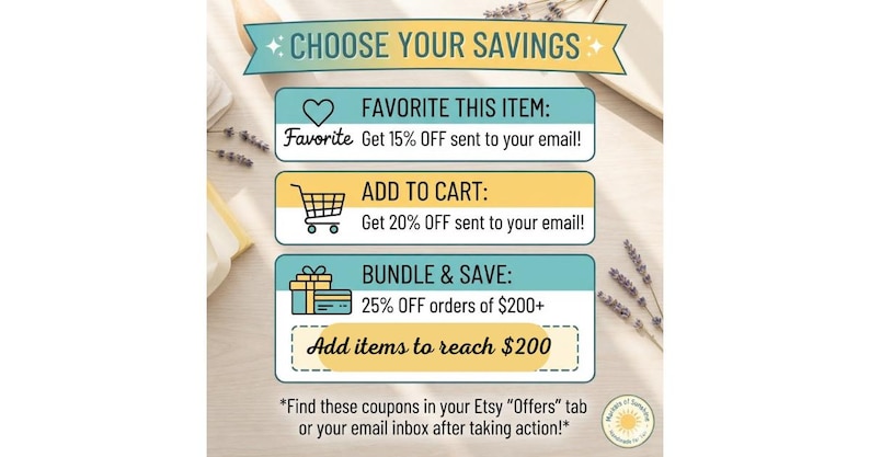 May include: A promotional graphic titled CHOOSE YOUR SAVINGS with three rectangular boxes. The first box shows a heart icon and text for 15% off. The second shows a shopping cart icon and 20% off. The third shows a gift icon and 25% off orders of $200+.