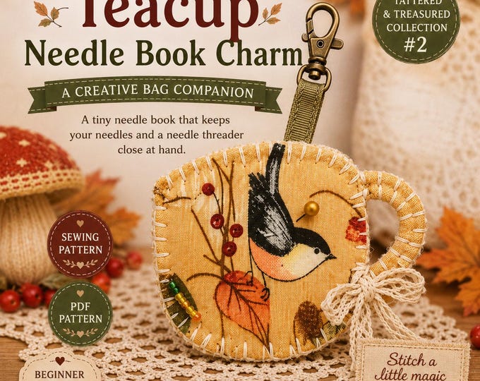 Teacup Needle Book Charm Sewing Pattern PDF Beginner Bag Charm Pattern Project Bag Accessory Slow Stitch Gift Tattered Treasured Collection