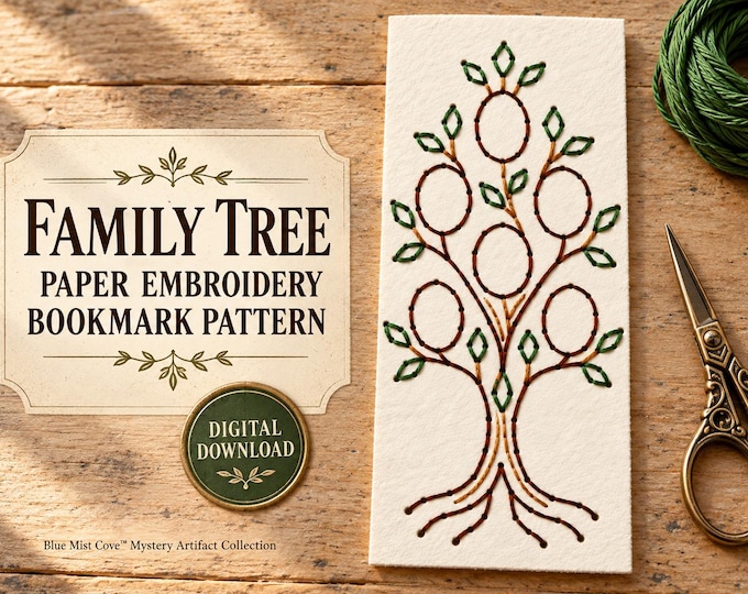 Paper Embroidery Bookmark Pattern PDF Family Tree Mystery From Paper to Fabric Genealogy Gift Ancestry Craft Learn to Stitch on Paper