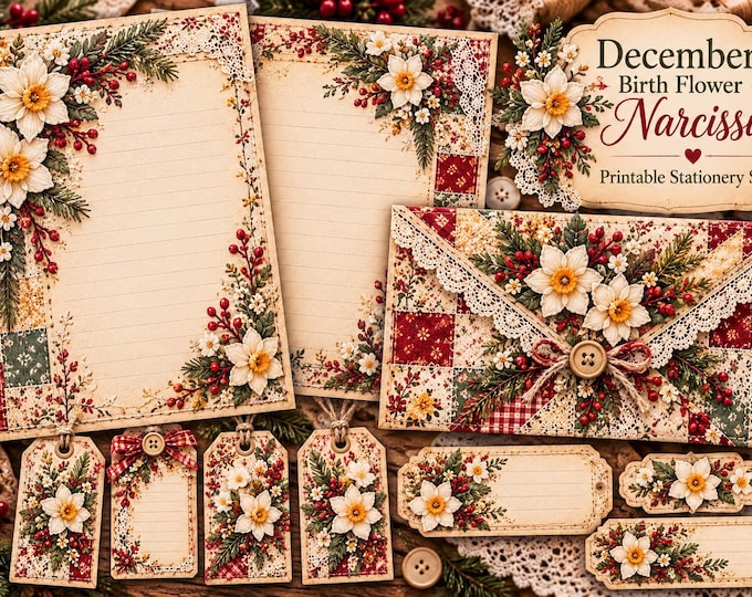 December Birth Flower Printable Stationery Fabric Scrap Design Keeping in Touch Gift Vintage Writing Paper and Envelope Digital Download PDF