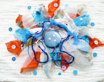 Bohemian Slow Stitch Kit.  Blue and Orange Scrappy Junk Journal Cover, Folk Art Cottagecore Quilt Collage, Pincushion Gift With Purchase