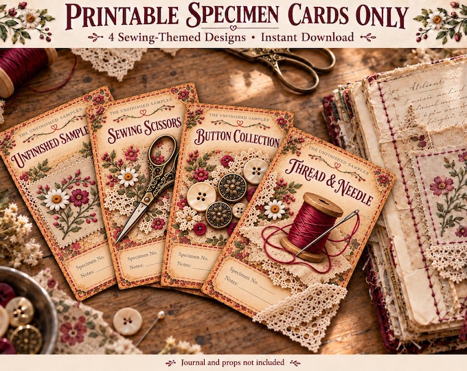 Cottagecore Sewing Junk Journal Ephemera – Printable Specimen Cards – Unfinished Sampler Mystery Collection