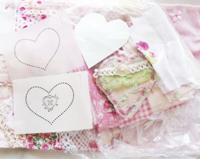 Pink Heart Applique Slow Stitch Kit With 3 Different Heart Templates, Altered Book Storage Box, 30+ Vintage Trims and Fabrics Gift for Mom.