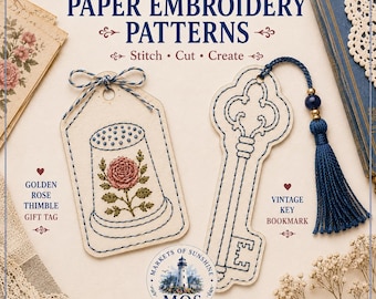 Paper Embroidery Cozy Mystery Stitchers Companion Vintage Key Bookmark Golden Rose Thimble Gift Tag Learn to Stitch on Paper Blue Mist Cove