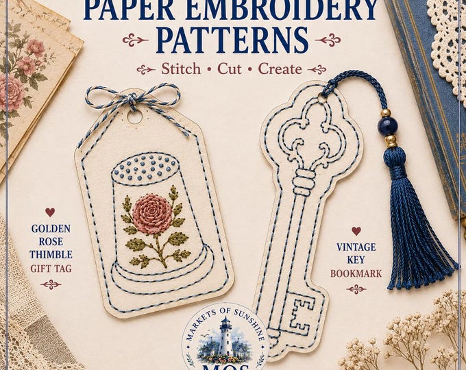Paper Embroidery Cozy Mystery Stitchers Companion Vintage Key Bookmark Golden Rose Thimble Gift Tag Learn to Stitch on Paper Blue Mist Cove