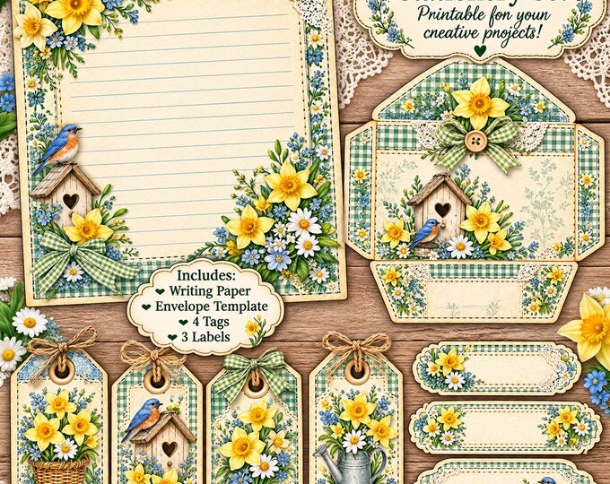 March Birth Flower Printable Stationery Fabric Scrap Design Keeping in Touch Gift Vintage Writing Paper and Envelope Digital Download PDF